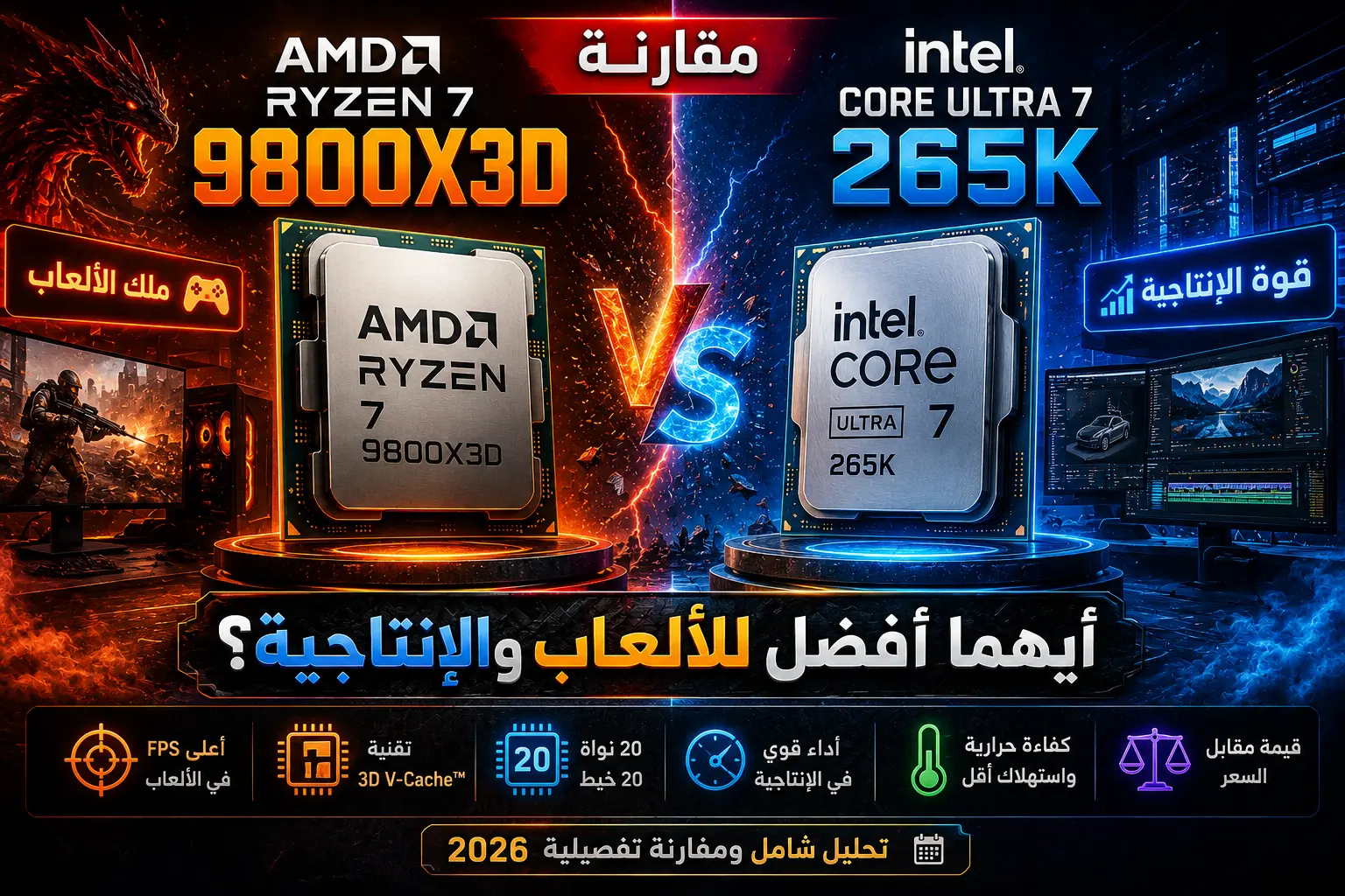مقارنة Ryzen 7 9800X3D و Core Ultra 7 265K: أيهما أفضل للألعاب والإنتاجية في 2026؟